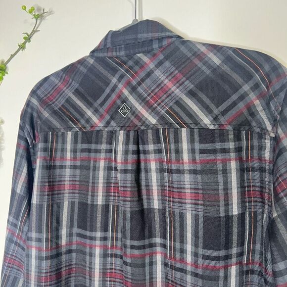 Prana Black Gray Burgundy Plaid Button Down Shirt Mens Med - Picture 10 of 12